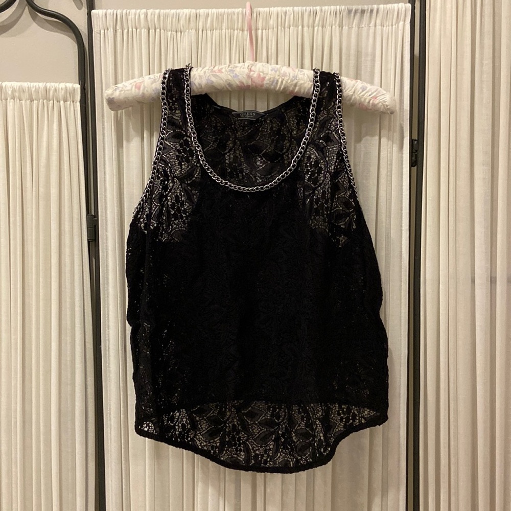 EUC * Guess * Black Lace Tank with Chain Trim * Size Small